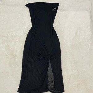 Express Black Strapless Ribbed Midi Dress with Front Slit